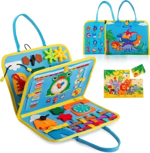 Busy Board for Toddlers 1-4, Sensory Activity Board for Learning, Travel Toys, Montessori Toys for Fine Motor Skills, Gift for Boys & Girls (Blue)