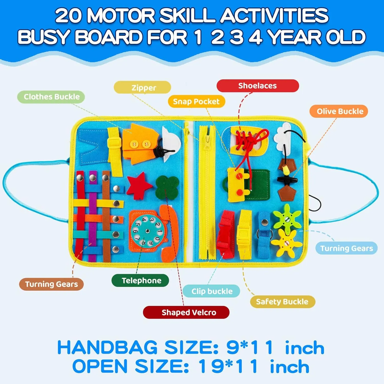Busy Board for Toddlers 1-4, Sensory Activity Board for Learning, Travel Toys, Montessori Toys for Fine Motor Skills, Gift for Boys & Girls (Blue)