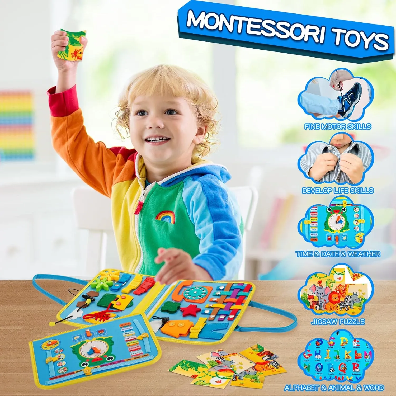 Busy Board for Toddlers 1-4, Sensory Activity Board for Learning, Travel Toys, Montessori Toys for Fine Motor Skills, Gift for Boys & Girls (Blue)
