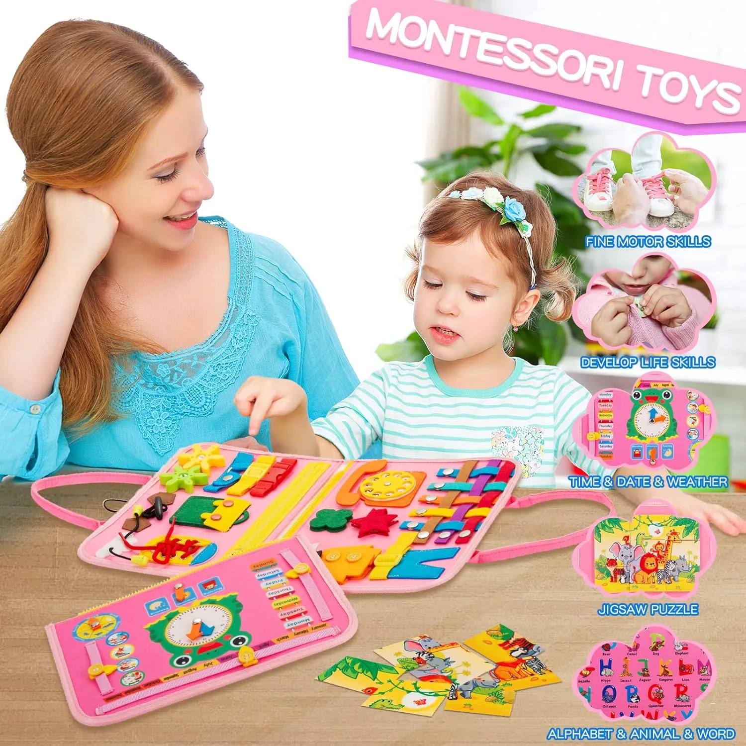 Busy Board for Toddlers 1-4, Sensory Activity Board for Learning, Travel Toys, Montessori Toys for Fine Motor Skills, Gift for Boys & Girls (Pink)