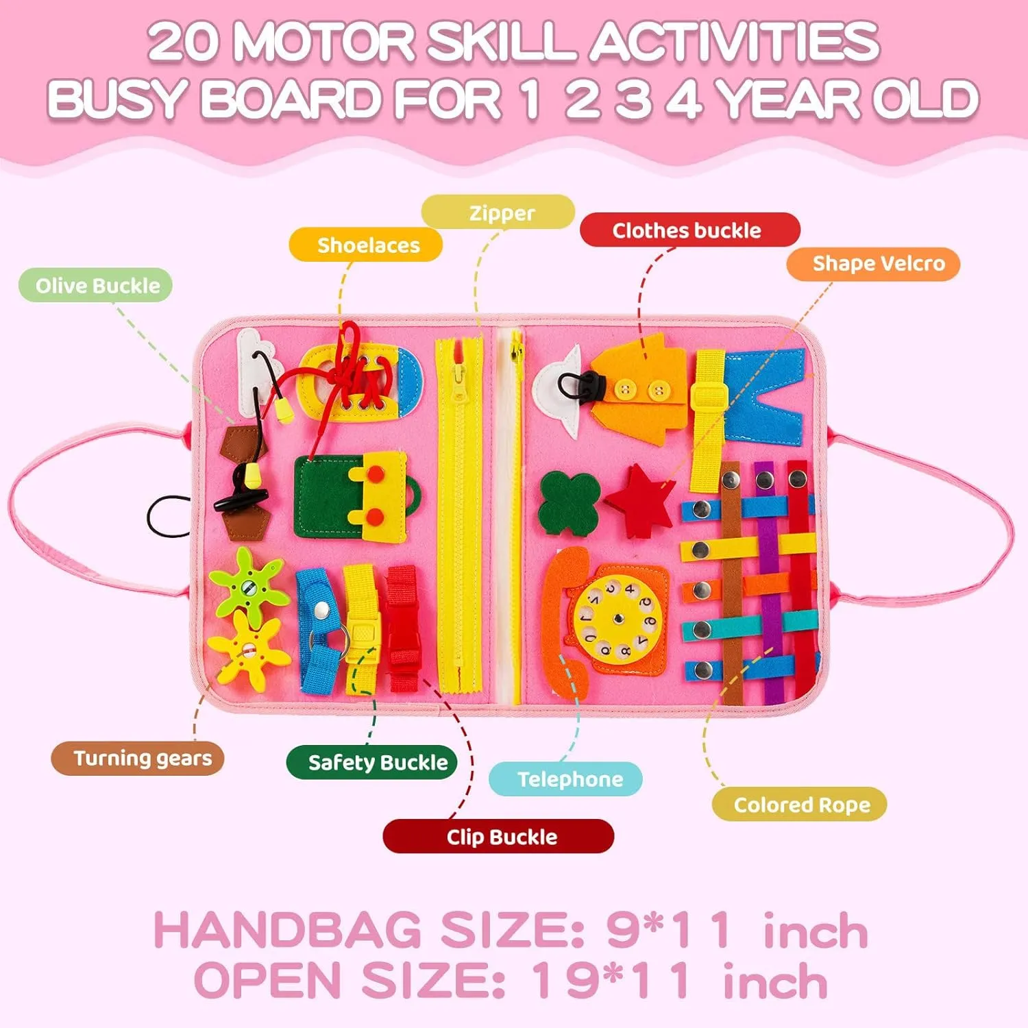 Busy Board for Toddlers 1-4, Sensory Activity Board for Learning, Travel Toys, Montessori Toys for Fine Motor Skills, Gift for Boys & Girls (Pink)