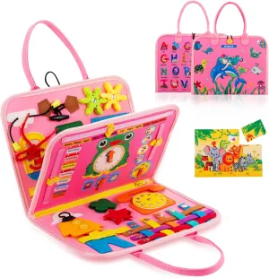 Busy Board for Toddlers 1-4, Sensory Activity Board for Learning, Travel Toys, Montessori Toys for Fine Motor Skills, Gift for Boys & Girls (Pink)