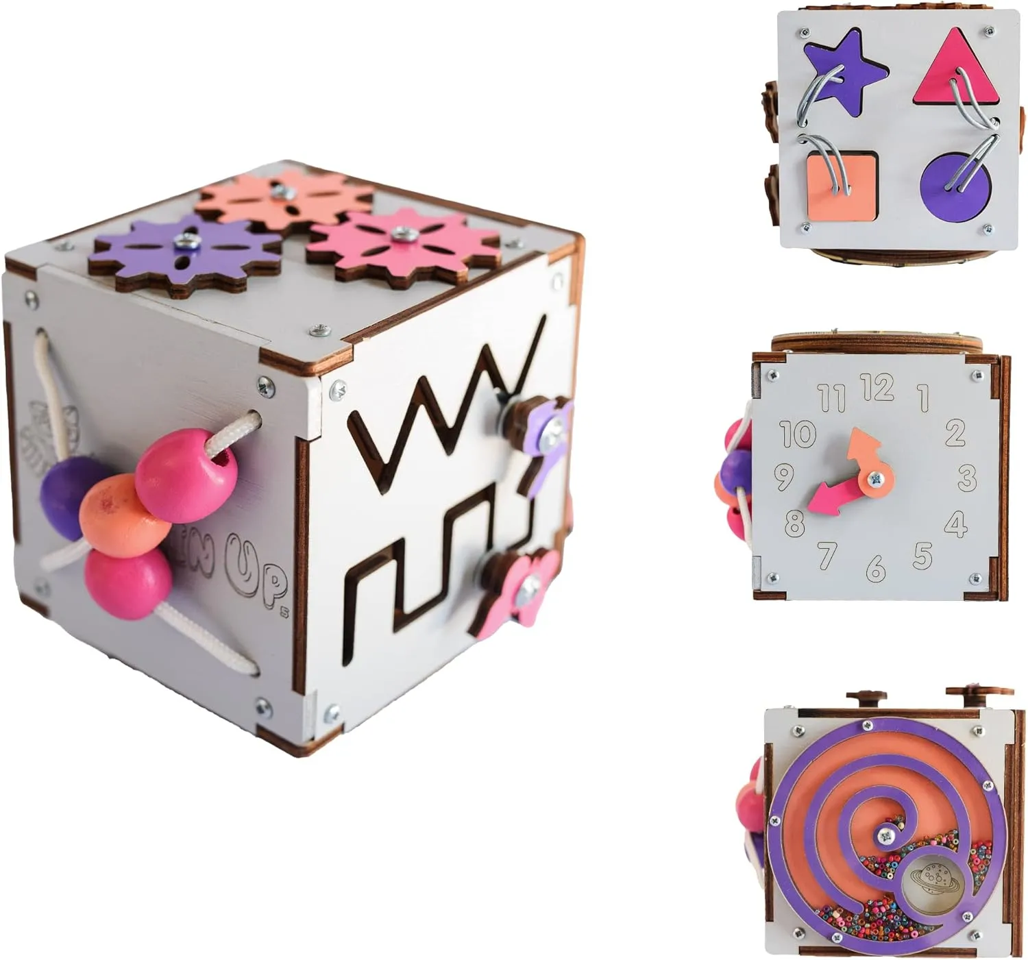 Busy Cube for Toddlers Kids Children Baby - Travel Activity Busy Board – Wooden Sorter Toy - Montessori Toys Infant - Sensory Board - Learning Basic Life Skill - Time Telling Clock