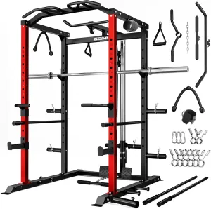 C1-V4 Power Cage, 2000LBS Squat Rack with LAT Pulldown, Multi-Function Weight Cage Strength Training Machine, Workout Cage with More Attachments for Home Gym Garage