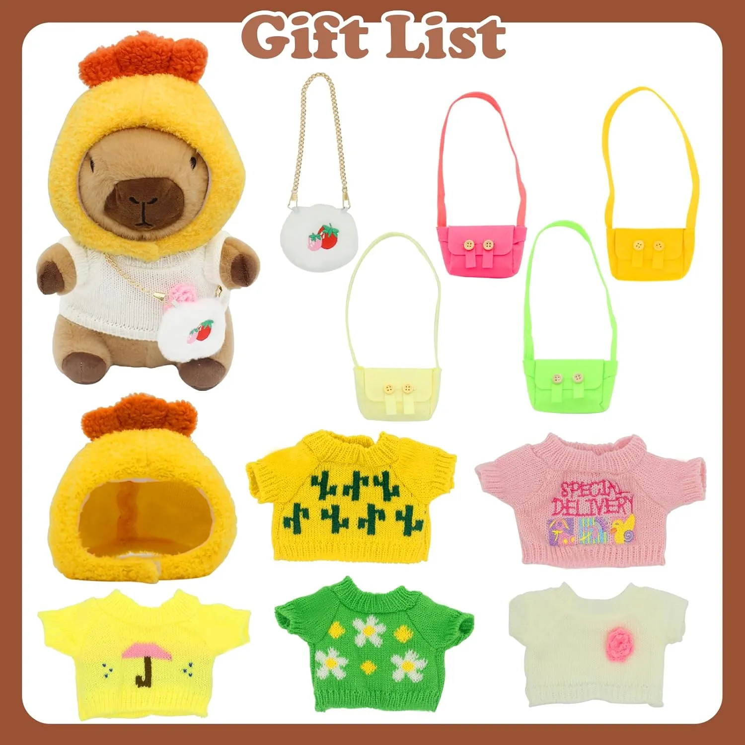 Capybara Plush with 11 pcs Clothes & Accessories,11 in Cute Capybara Stuffed Animal Plush Toys,Capybara Stuffed Animal Birthday Gifts,Dress Up Cute Plushies