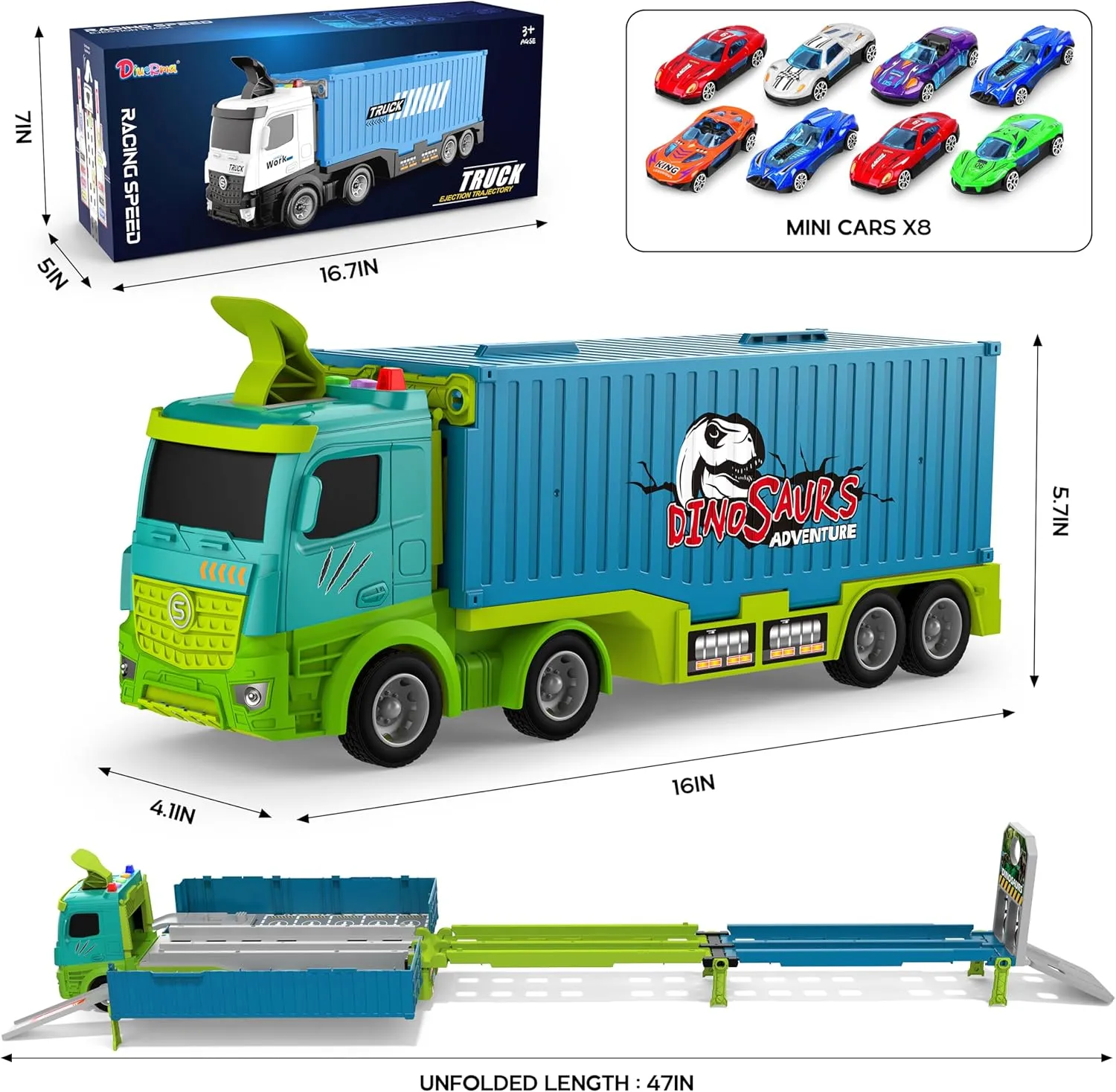 Carrier Truck Race Track Toddler Toys, Foldable 3 Layer Toddler Track Playset, Dinosaur Toy Truck Transport Car Carrier & 8 Race Cars, Truck Car Kids Toy Gifts for Age 3 4 5 6  Year Old Boys Girls