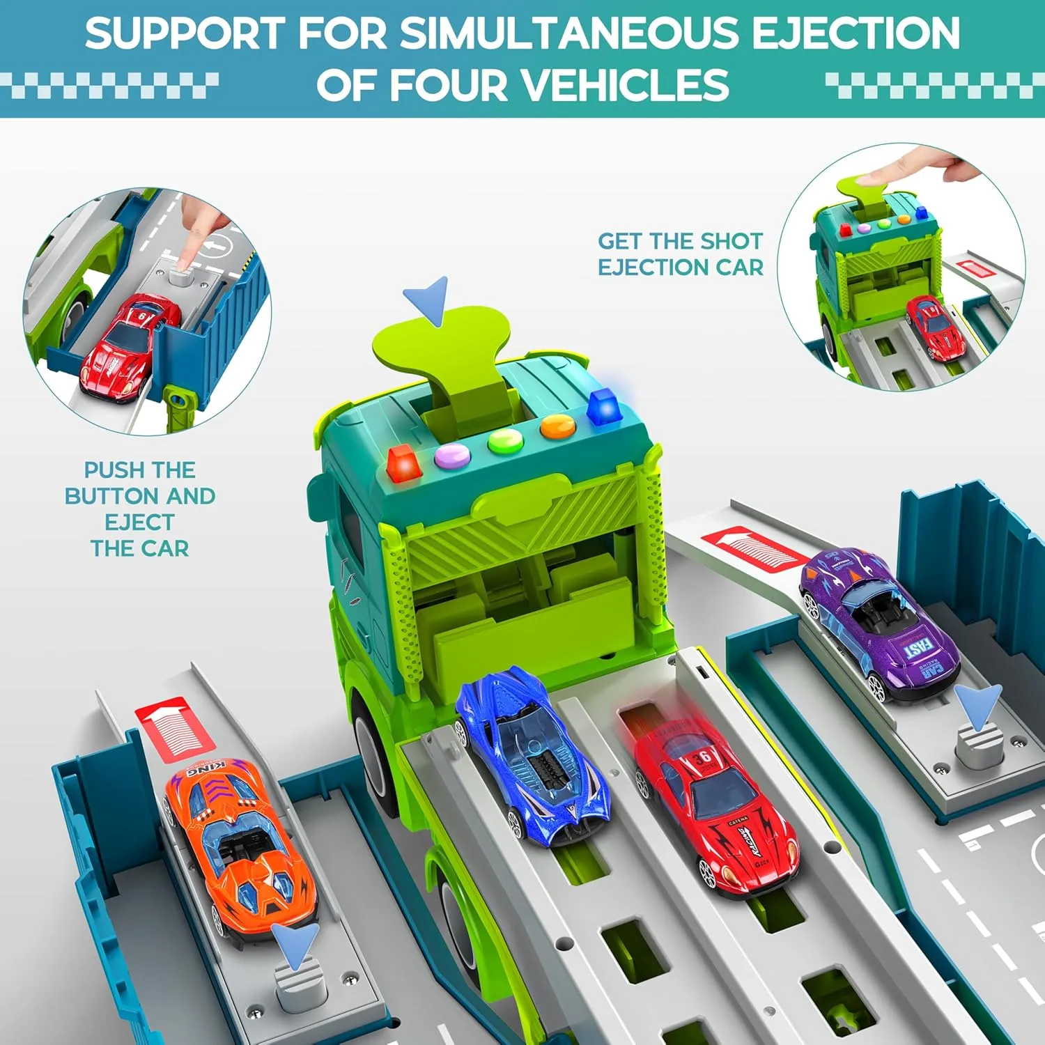 Carrier Truck Race Track Toddler Toys, Foldable 3 Layer Toddler Track Playset, Dinosaur Toy Truck Transport Car Carrier & 8 Race Cars, Truck Car Kids Toy Gifts for Age 3 4 5 6  Year Old Boys Girls