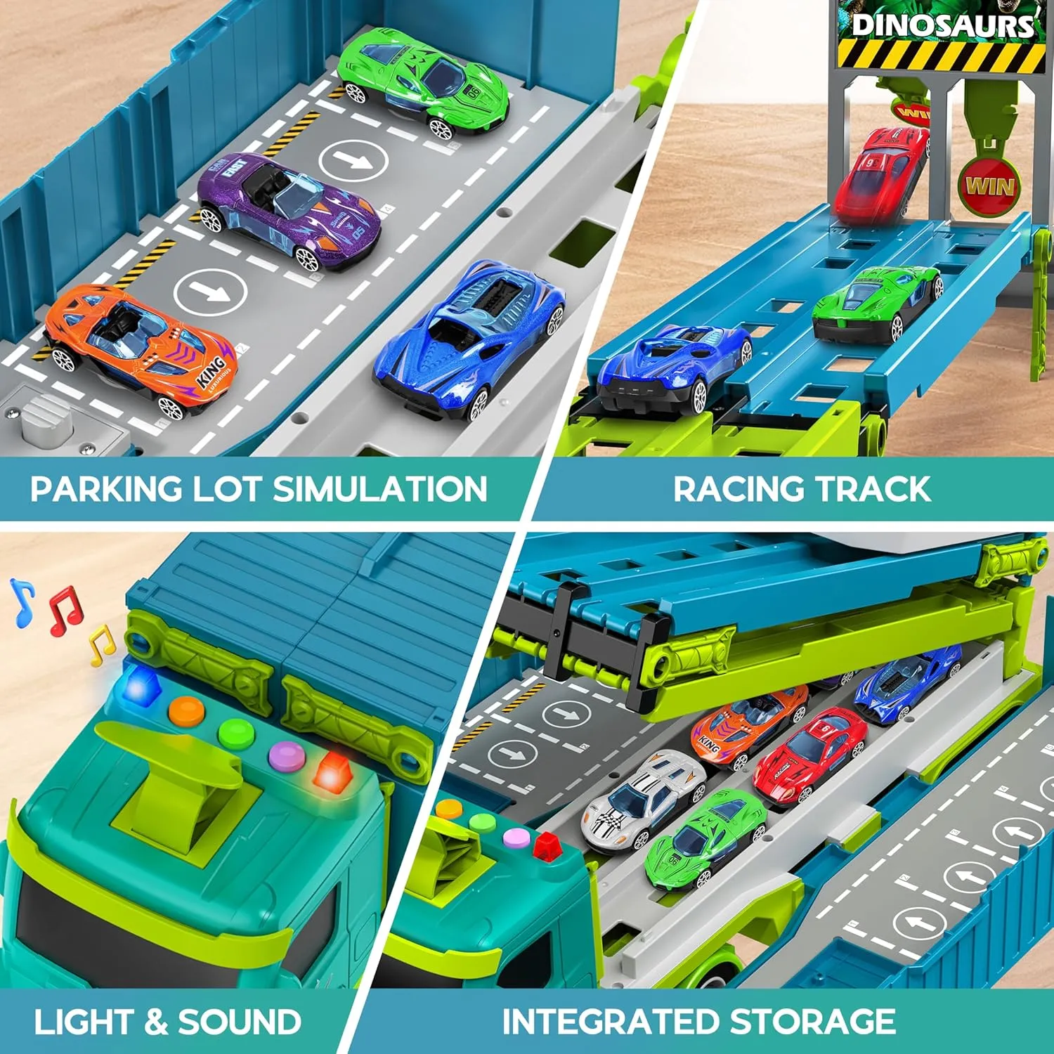Carrier Truck Race Track Toddler Toys, Foldable 3 Layer Toddler Track Playset, Dinosaur Toy Truck Transport Car Carrier & 8 Race Cars, Truck Car Kids Toy Gifts for Age 3 4 5 6  Year Old Boys Girls