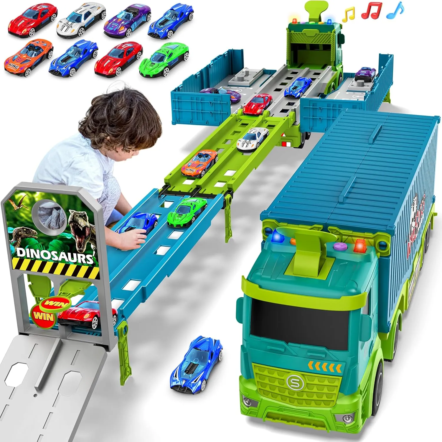 Carrier Truck Race Track Toddler Toys, Foldable 3 Layer Toddler Track Playset, Dinosaur Toy Truck Transport Car Carrier & 8 Race Cars, Truck Car Kids Toy Gifts for Age 3 4 5 6  Year Old Boys Girls
