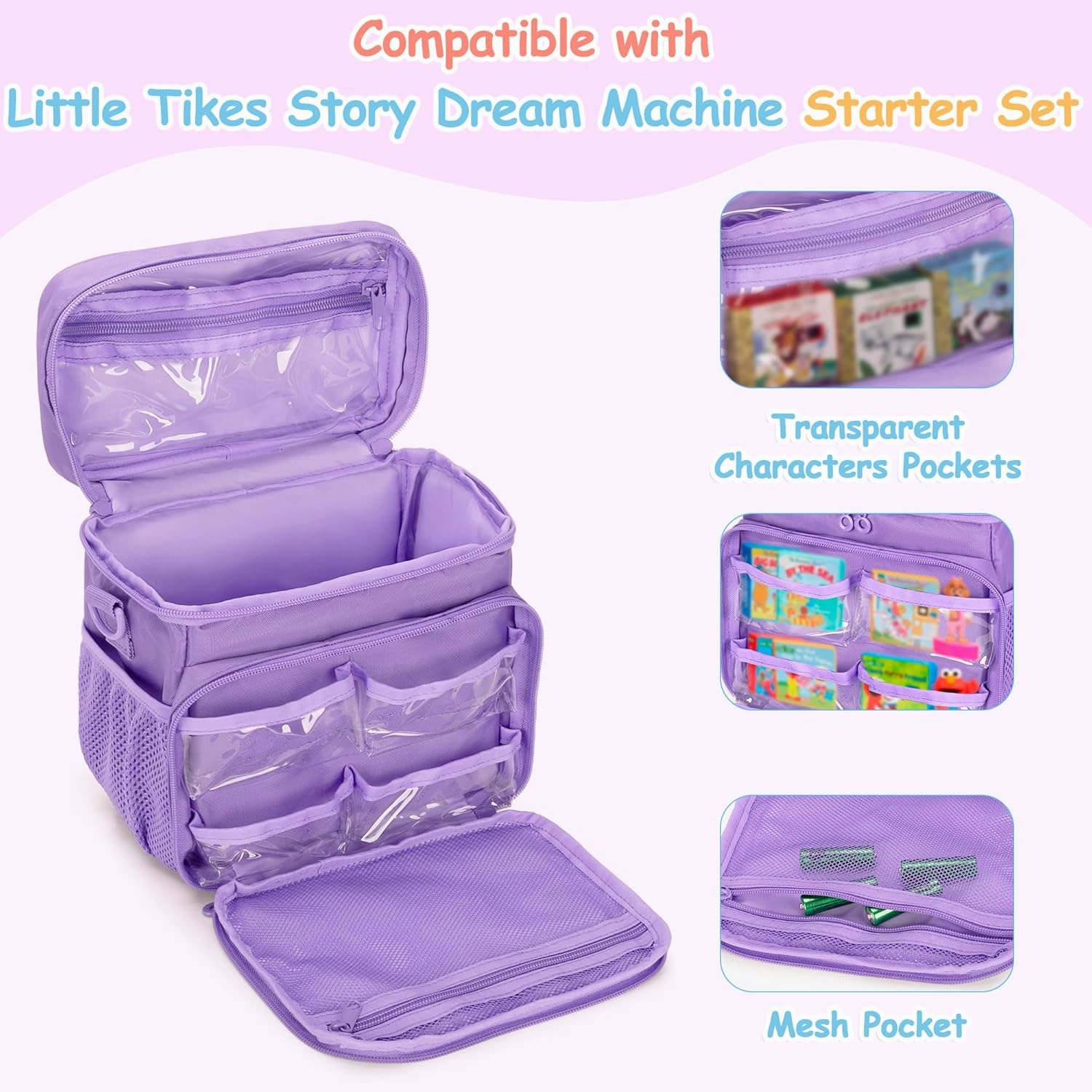 Carrying Case Compatible with Little Tikes Story Dream Machine Books Starter Set, Toy Storage Bag with Handle and Shoulder Strap for Storybook, Character, Accessory, Purple, Bag Only, Patented Design