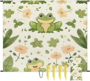 Cartoon Frog Beach Blanket, Sandproof Beach Mat, 68 x 59 Waterproof Quick Drying Sand Free Mat with 4 x Ground Spikes for Outdoor Travel Camping Hiking, Cute Green Frog