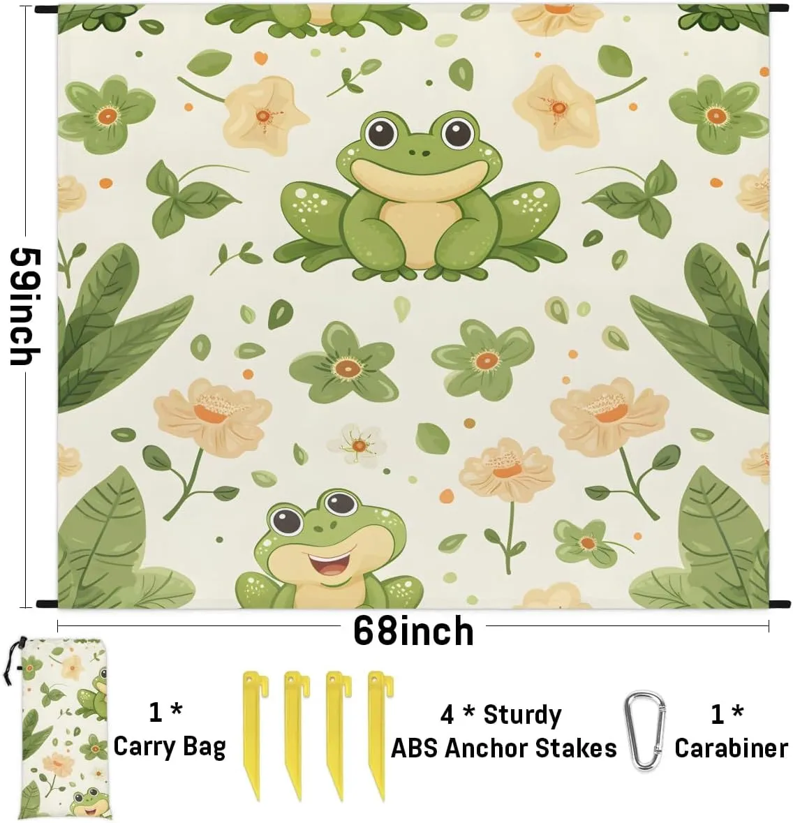 Cartoon Frog Beach Blanket, Sandproof Beach Mat, 68 x 59 Waterproof Quick Drying Sand Free Mat with 4 x Ground Spikes for Outdoor Travel Camping Hiking, Cute Green Frog