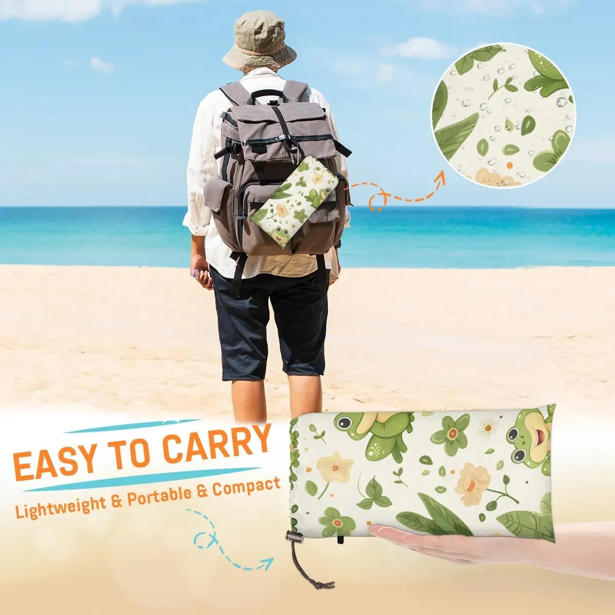 Cartoon Frog Beach Blanket, Sandproof Beach Mat, 68 x 59 Waterproof Quick Drying Sand Free Mat with 4 x Ground Spikes for Outdoor Travel Camping Hiking, Cute Green Frog