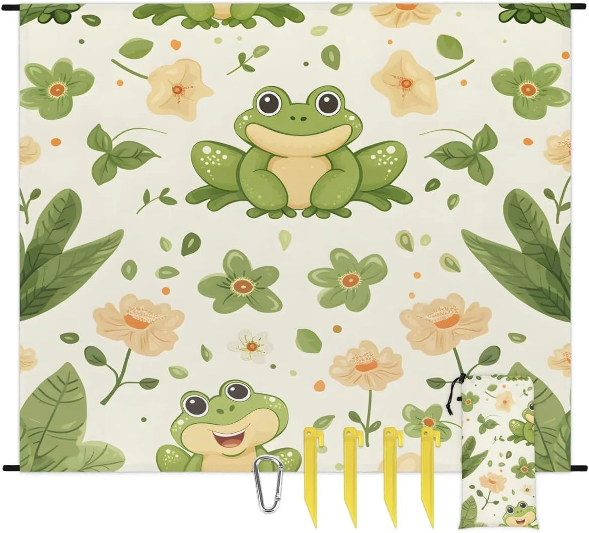 Cartoon Frog Beach Blanket, Sandproof Beach Mat, 68 x 59 Waterproof Quick Drying Sand Free Mat with 4 x Ground Spikes for Outdoor Travel Camping Hiking, Cute Green Frog