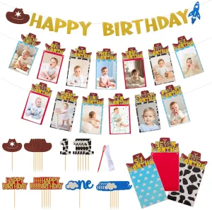 Cartoon Toy Photo Banners Set from New Born to 12 Months Inspired Toy First Birthday Party Decorations Monthly Milestone Photo Banners for Baby Shower with 24pcs Cake Toppers