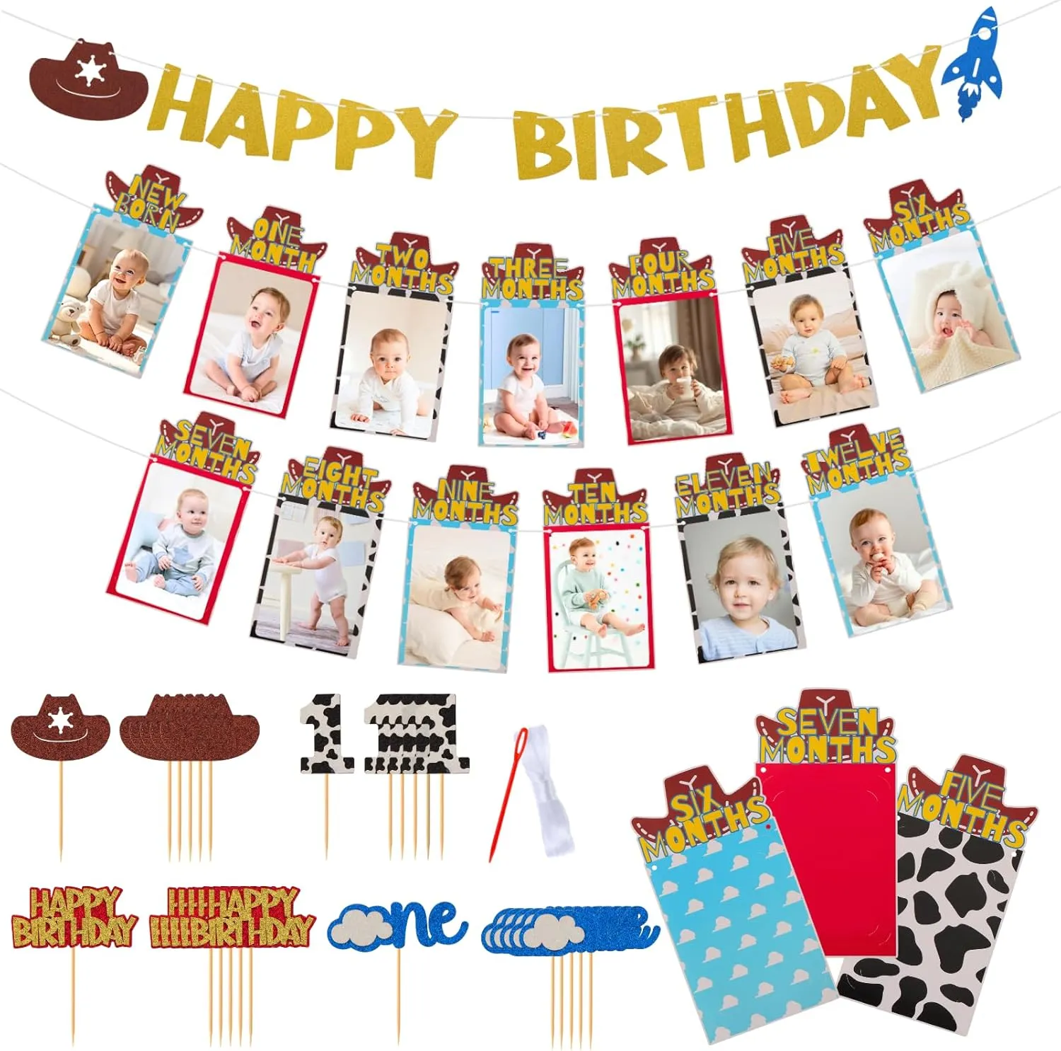 Cartoon Toy Photo Banners Set from New Born to 12 Months Inspired Toy First Birthday Party Decorations Monthly Milestone Photo Banners for Baby Shower with 24pcs Cake Toppers