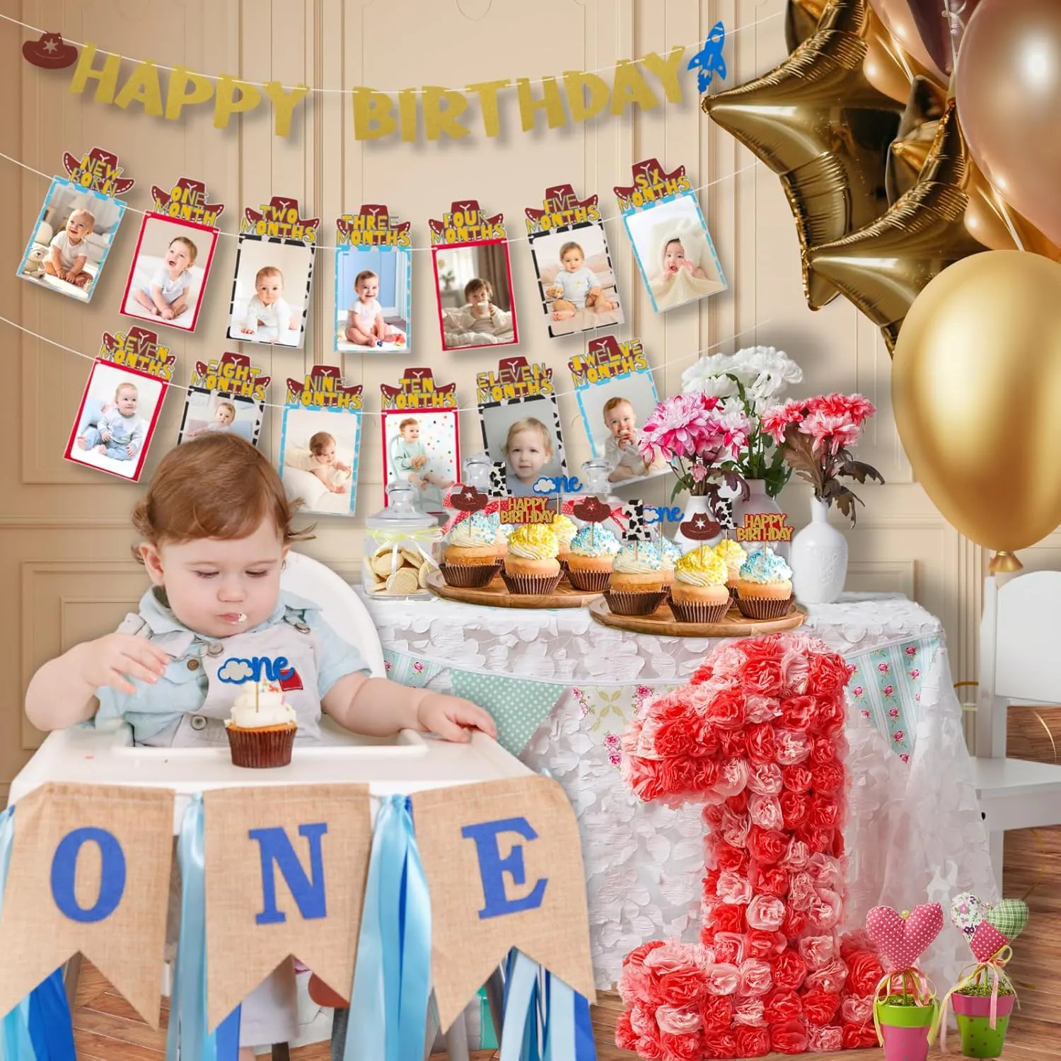 Cartoon Toy Photo Banners Set from New Born to 12 Months Inspired Toy First Birthday Party Decorations Monthly Milestone Photo Banners for Baby Shower with 24pcs Cake Toppers
