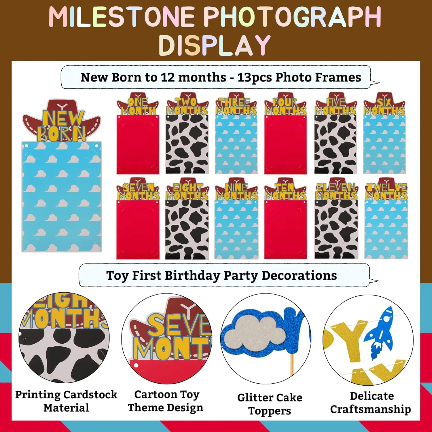 Cartoon Toy Photo Banners Set from New Born to 12 Months Inspired Toy First Birthday Party Decorations Monthly Milestone Photo Banners for Baby Shower with 24pcs Cake Toppers