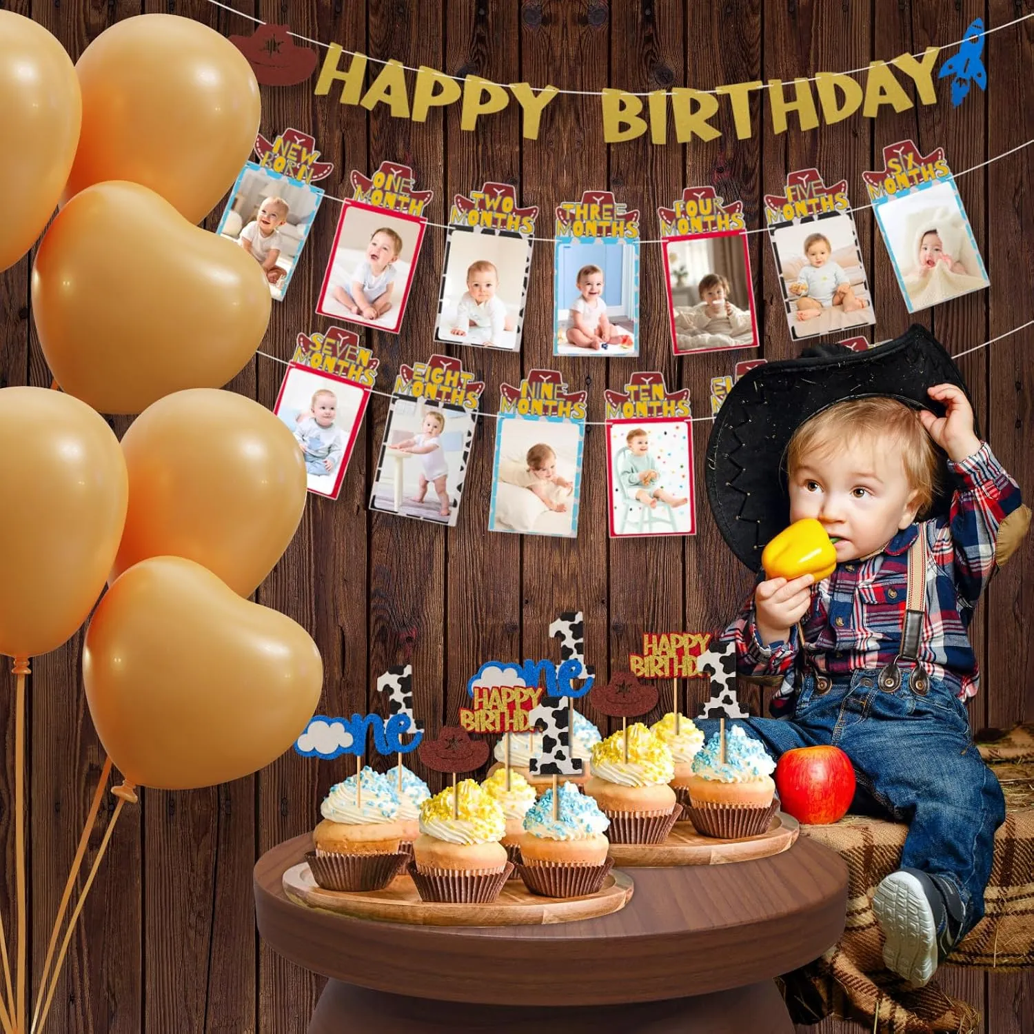 Cartoon Toy Photo Banners Set from New Born to 12 Months Inspired Toy First Birthday Party Decorations Monthly Milestone Photo Banners for Baby Shower with 24pcs Cake Toppers