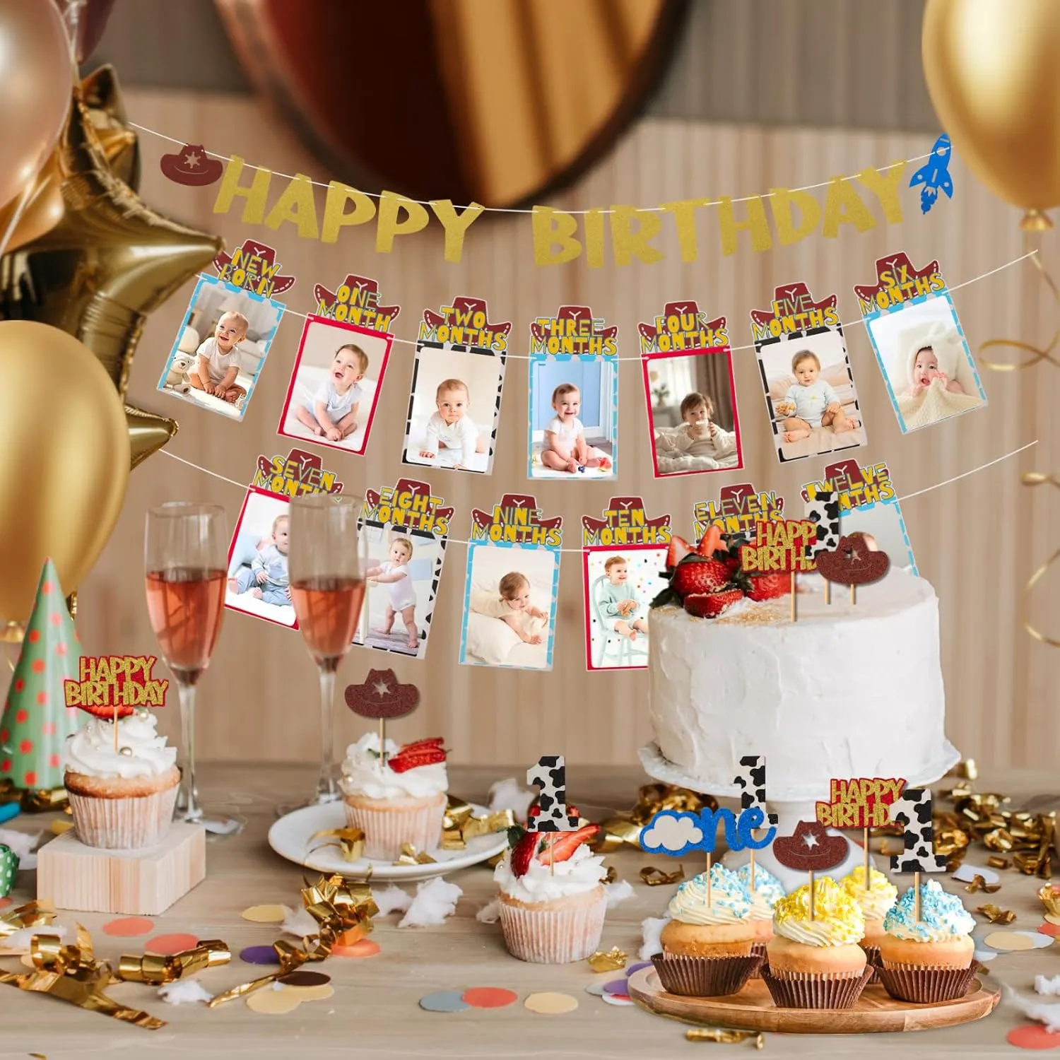 Cartoon Toy Photo Banners Set from New Born to 12 Months Inspired Toy First Birthday Party Decorations Monthly Milestone Photo Banners for Baby Shower with 24pcs Cake Toppers