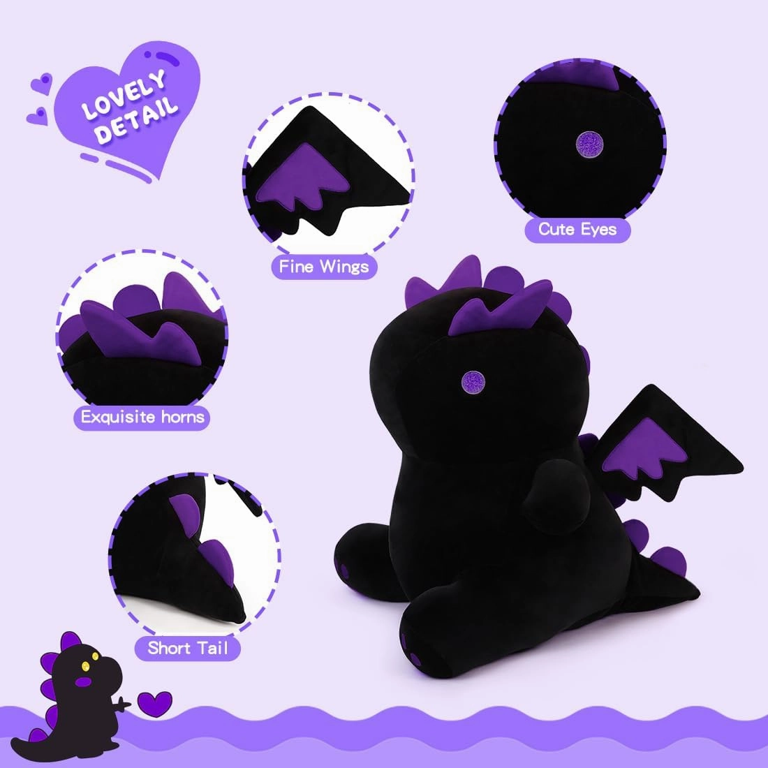 Cartoon Funny Plush Dinosaur, Soft Kids Plush Toy Pillow, Stuffed Animals Dinosaur Toy Gift for Kids and Girls (Black&Purple,15.7in/40cm)