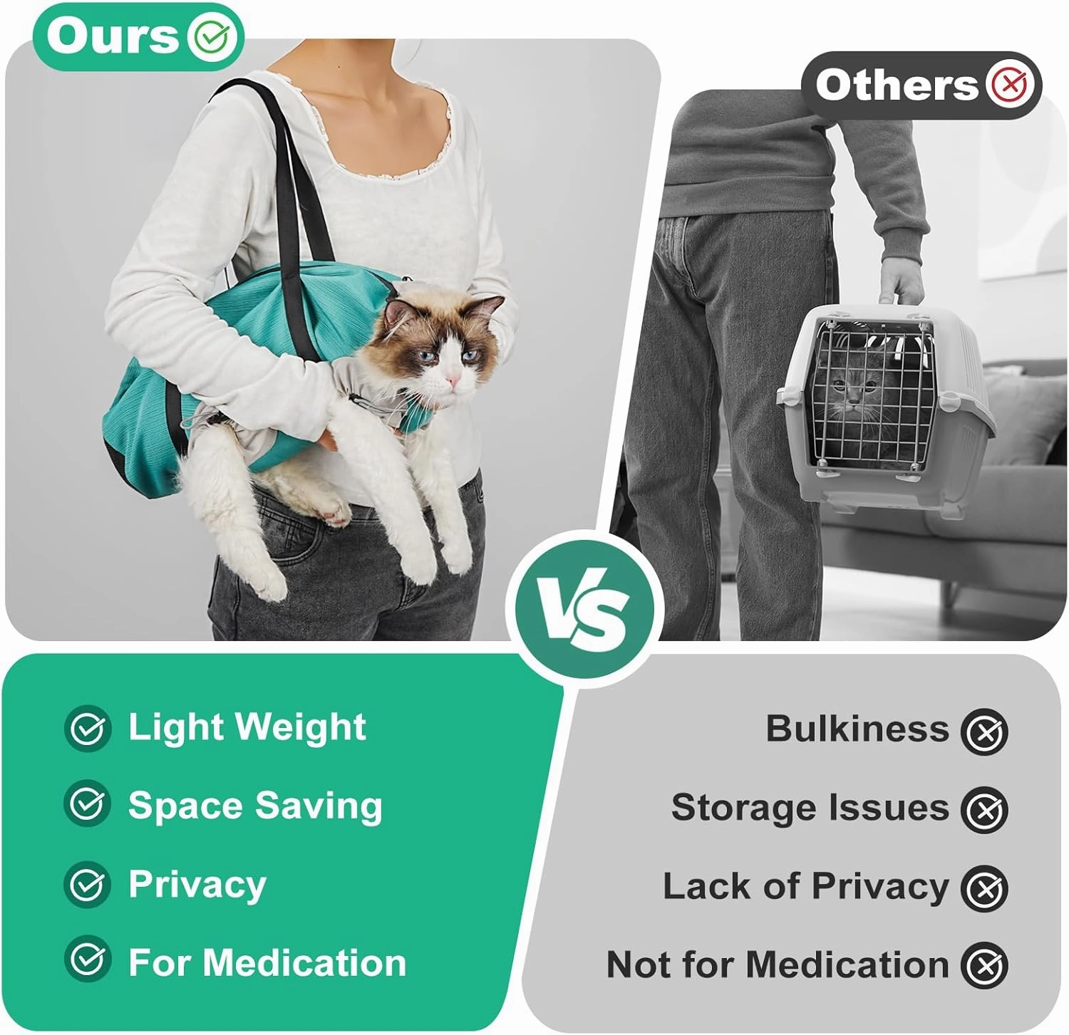 Cat Carrier Pouch, Soft Cat Carrier and Soothing Grooming Bag, Breathable Cat Restraint Bag for Nail Clipping Vet Visits Medication Dental Care Green L