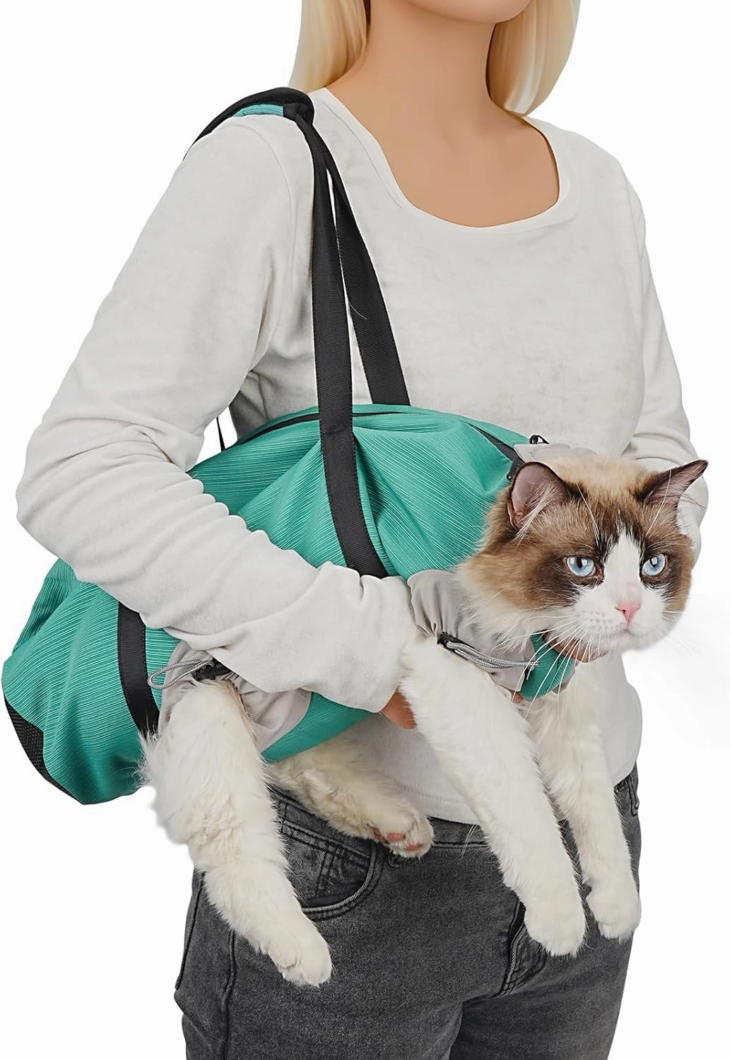 Cat Carrier Pouch, Soft Cat Carrier and Soothing Grooming Bag, Breathable Cat Restraint Bag for Nail Clipping Vet Visits Medication Dental Care Green L