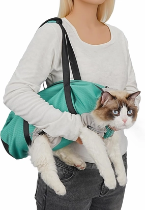 Cat Carrier Pouch, Soft Cat Carrier and Soothing Grooming Bag, Breathable Cat Restraint Bag for Nail Clipping Vet Visits Medication Dental Care Green L