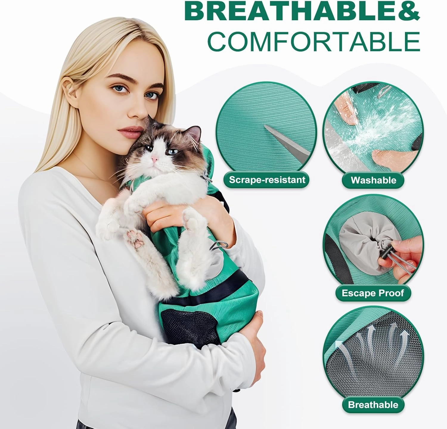 Cat Carrier Pouch, Soft Cat Carrier and Soothing Grooming Bag, Breathable Cat Restraint Bag for Nail Clipping Vet Visits Medication Dental Care Green L