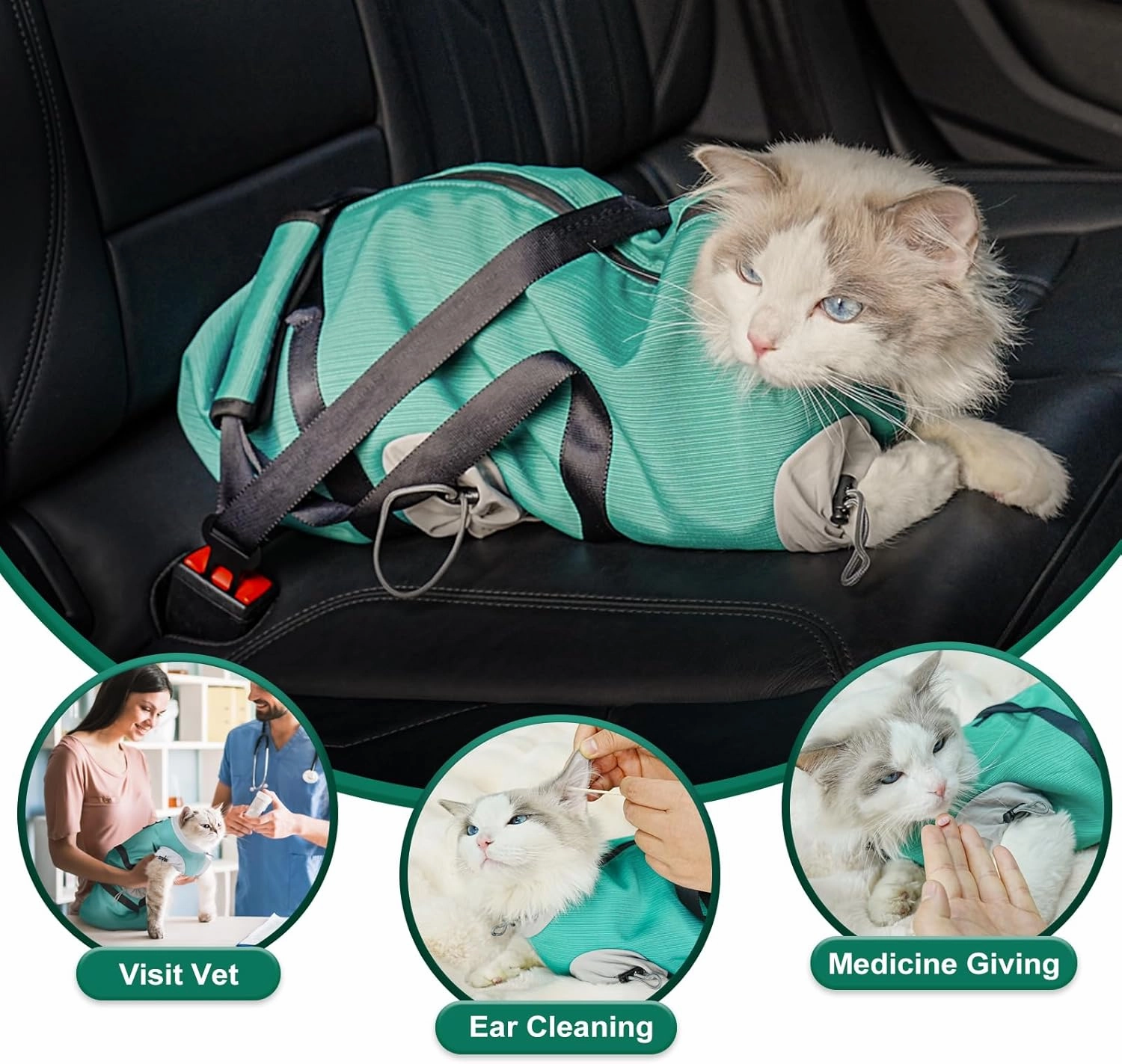 Cat Carrier Pouch, Soft Cat Carrier and Soothing Grooming Bag, Breathable Cat Restraint Bag for Nail Clipping Vet Visits Medication Dental Care Green L