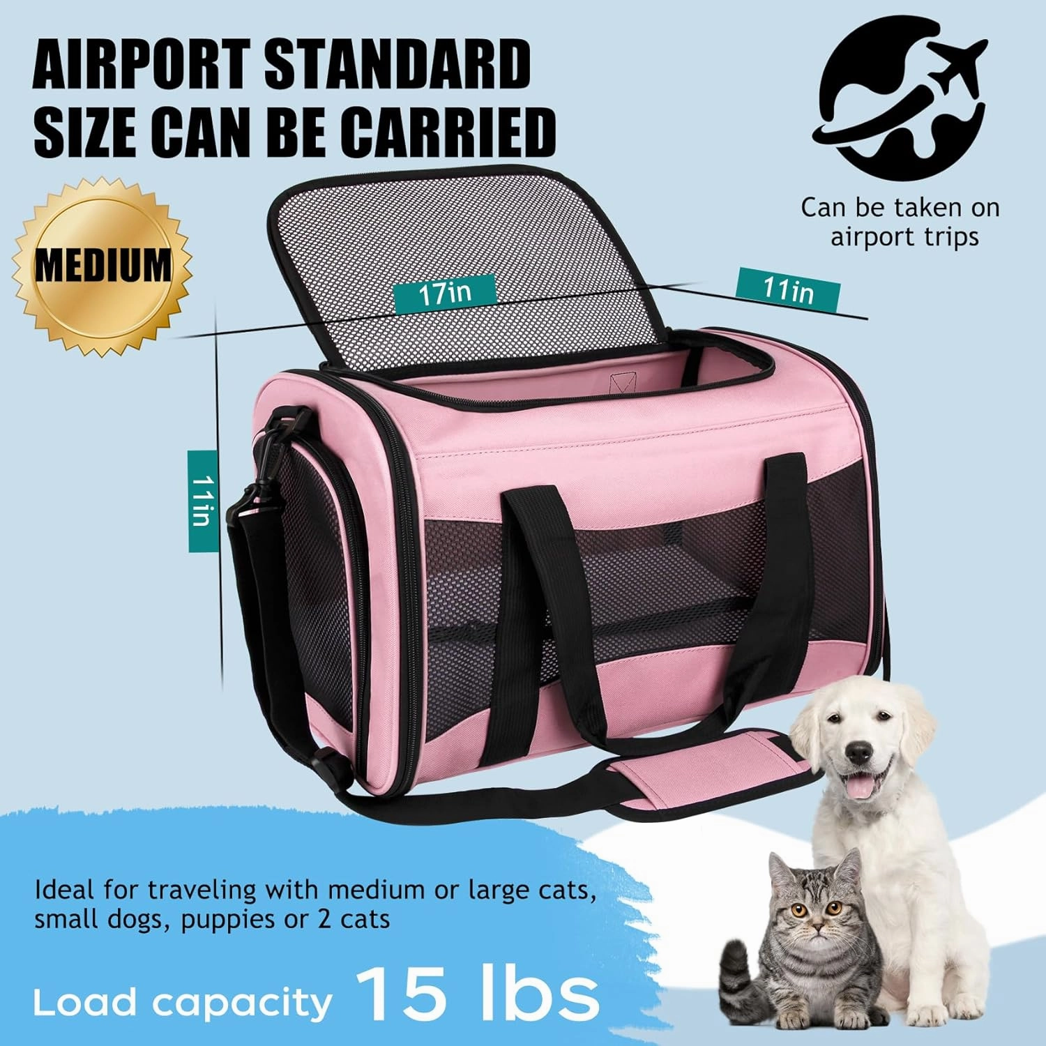 Cat Carriers Soft-Sided,Pet Carrier for Small Cats Dogs Puppies up to 1-15 LBS,TSA Airline Approved, (Medium,Pink)