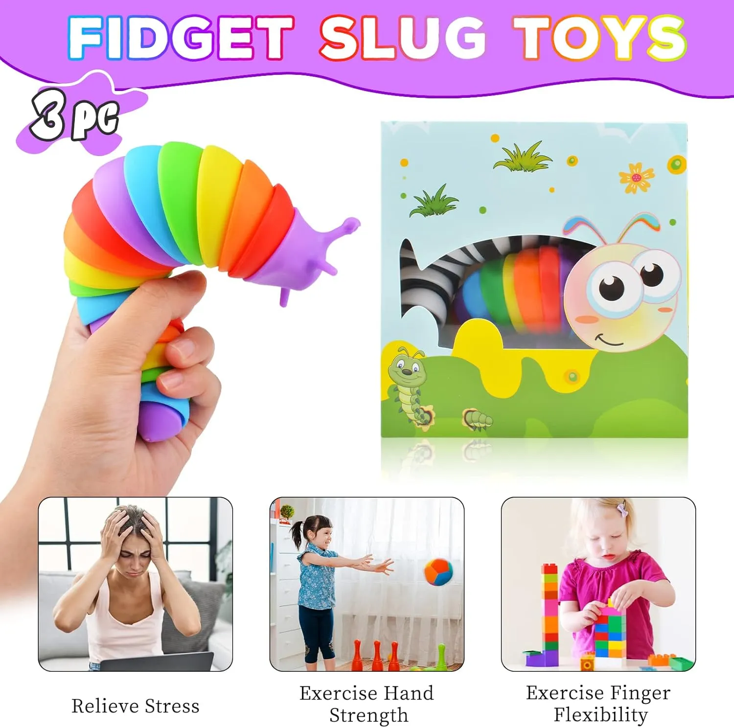 Cevioce Fidget Slug Toy, Sensory Slug Fidget Toy for Kids & Adults, 3Pcs Cute Autism Sensory Toys for Autistic Children, Kids Easter Basket Stuffers Gifts for Toddler Girls Boys Stress Relief Toy
