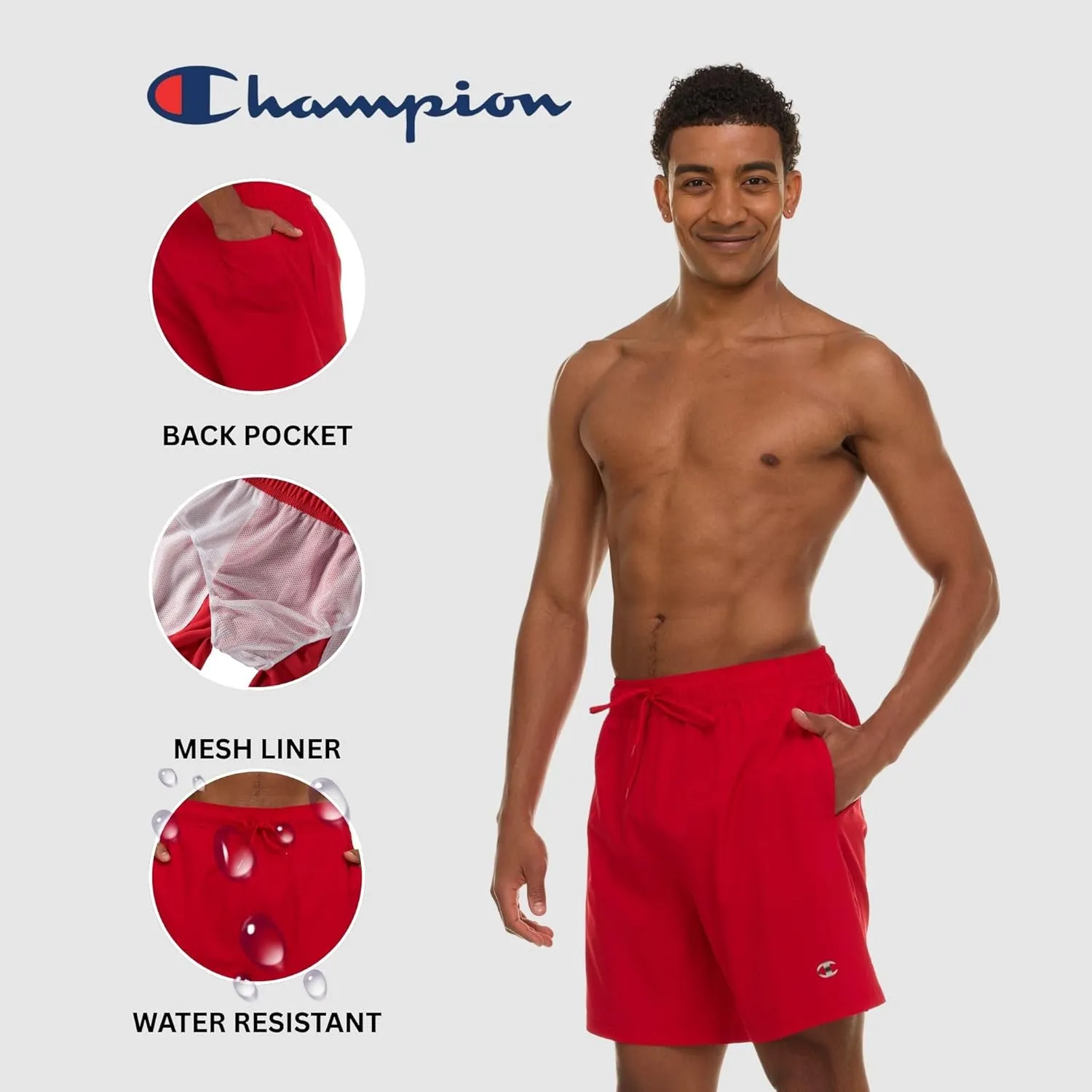Champion Mens Swim Trunks with Mesh Liner, Quick Drying Mens Bathing Suit, Board Shorts for Swimming and Beach