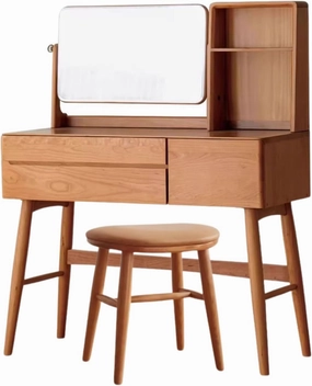 Cherry Wood Dressing Table Nordic Makeup Mirror 39.4x15.7x48 inch / 100х40х122 cm/Cherry Color/Rotating Mirror Makeup Table   Yellow Makeup Stool