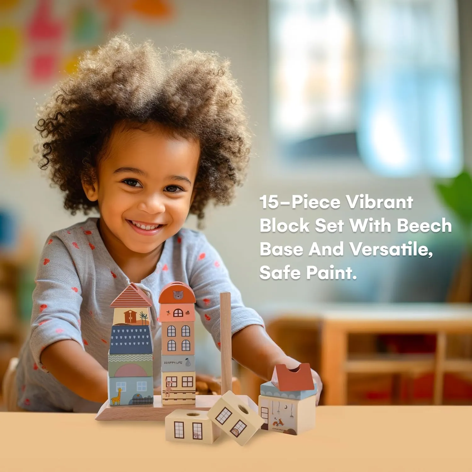CHILDLIKE BEHAVIOR Hardwood Blocks Set for Kids - Montessori Wooden Building Blocks - 1-3 Years