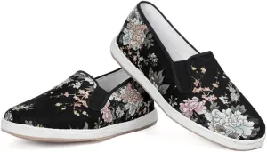 Chinese Traditional Old Beijing Handmade Melaleuca Sole Flower Cloth Shoes,Men's Fashion Pattern Casual Cloth Shoes,Black,10.5