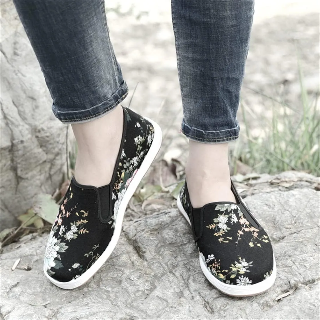 Chinese Traditional Old Beijing Handmade Melaleuca Sole Flower Cloth Shoes,Men's Fashion Pattern Casual Cloth Shoes,Black,10.5