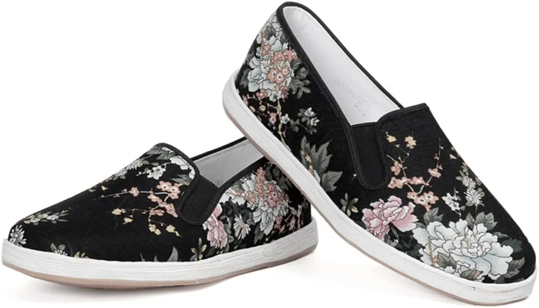 Chinese Traditional Old Beijing Handmade Melaleuca Sole Flower Cloth Shoes,Men's Fashion Pattern Casual Cloth Shoes,Black,10.5