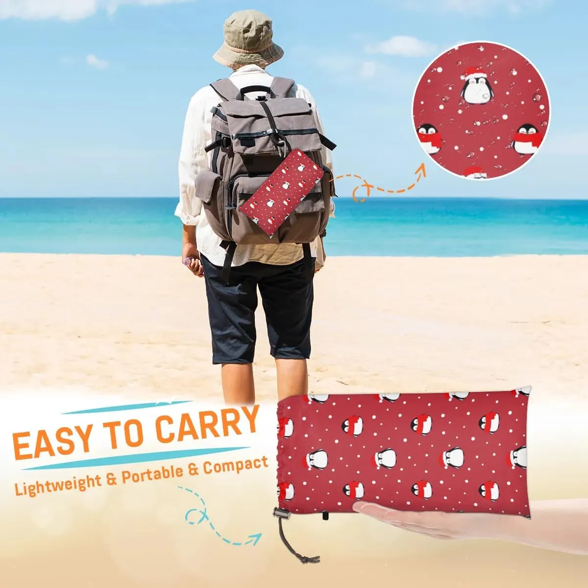 Christmas Penguin Beach Blanket, Sandproof Beach Mat, 68 x 59 Waterproof Quick Drying Sand Free Mat with 4 x Ground Spikes for Outdoor Travel Camping Hiking, Cute Penguin