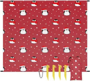 Christmas Penguin Beach Blanket, Sandproof Beach Mat, 68 x 59 Waterproof Quick Drying Sand Free Mat with 4 x Ground Spikes for Outdoor Travel Camping Hiking, Cute Penguin