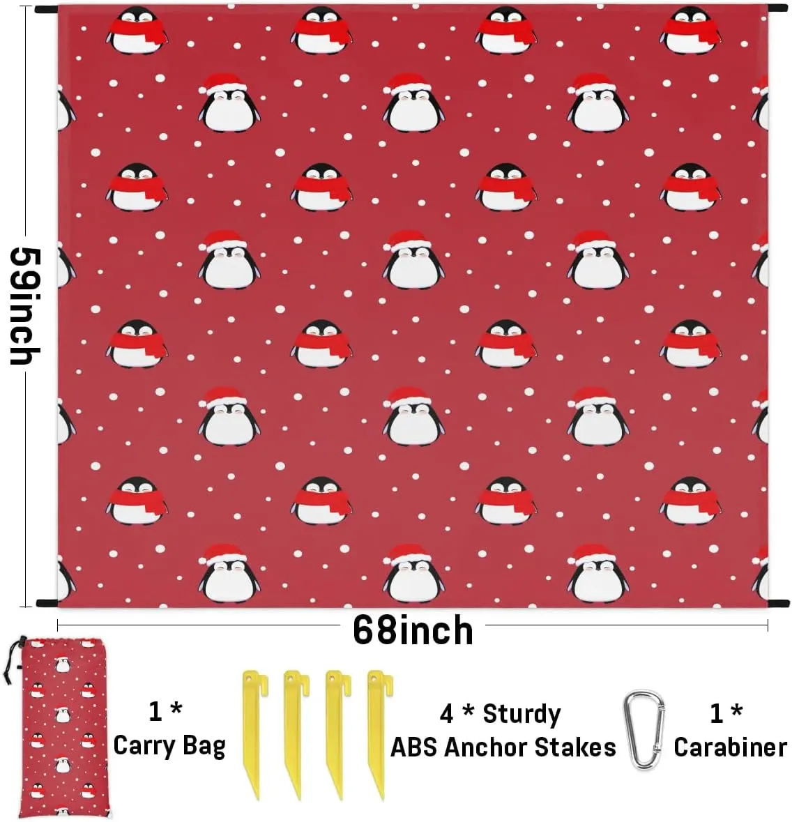 Christmas Penguin Beach Blanket, Sandproof Beach Mat, 68 x 59 Waterproof Quick Drying Sand Free Mat with 4 x Ground Spikes for Outdoor Travel Camping Hiking, Cute Penguin