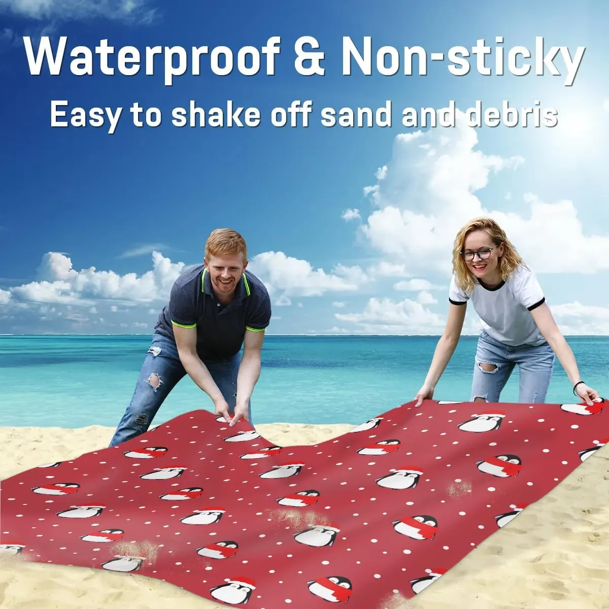Christmas Penguin Beach Blanket, Sandproof Beach Mat, 68 x 59 Waterproof Quick Drying Sand Free Mat with 4 x Ground Spikes for Outdoor Travel Camping Hiking, Cute Penguin