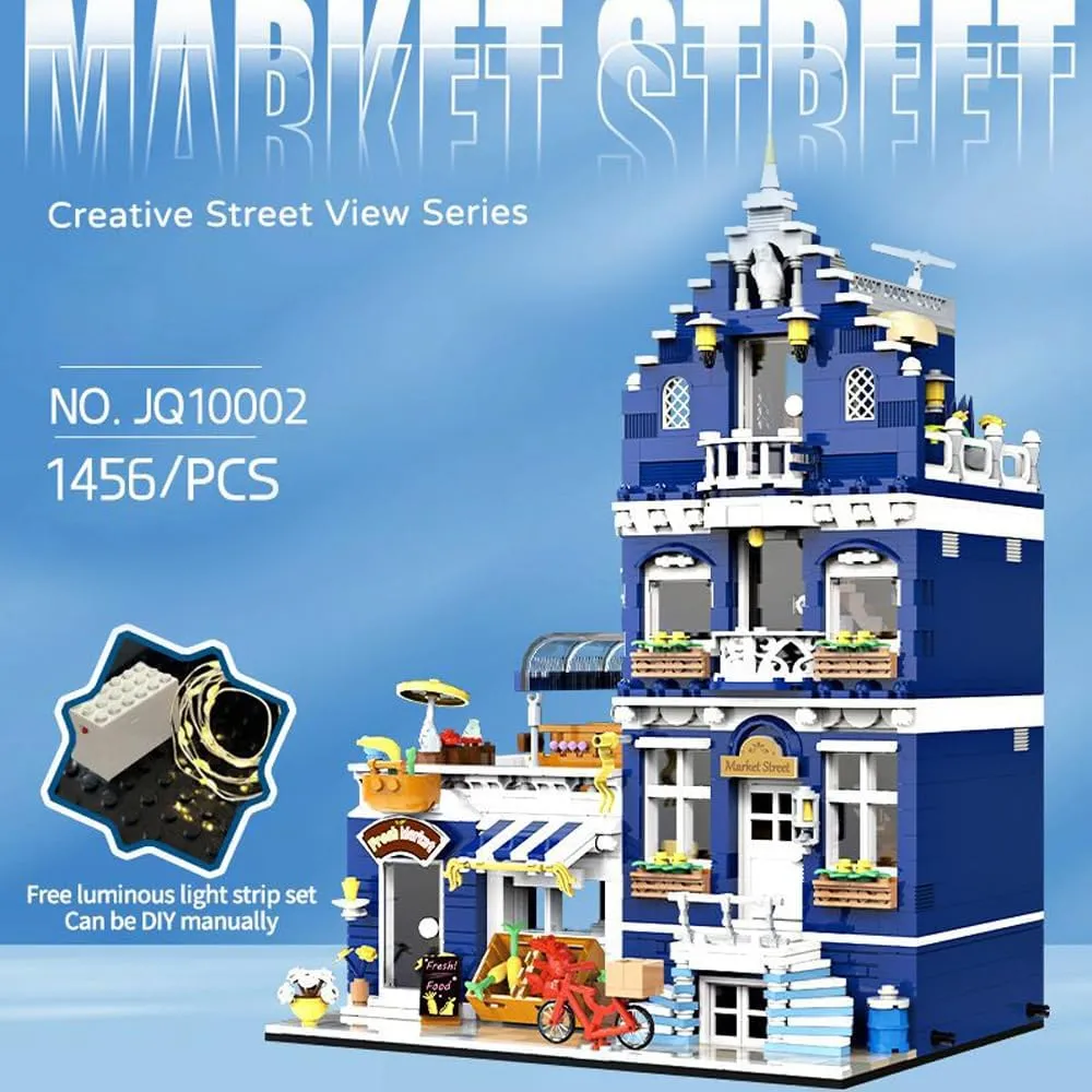 City Market Street Architecture Mini Building Blocks Set with LED Lights,3 Levels Modular Architecture,MOC Creative Model Set,Construction Toy for Adult(1456Pcs)