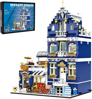 City Market Street Architecture Mini Building Blocks Set with LED Lights,3 Levels Modular Architecture,MOC Creative Model Set,Construction Toy for Adult(1456Pcs)