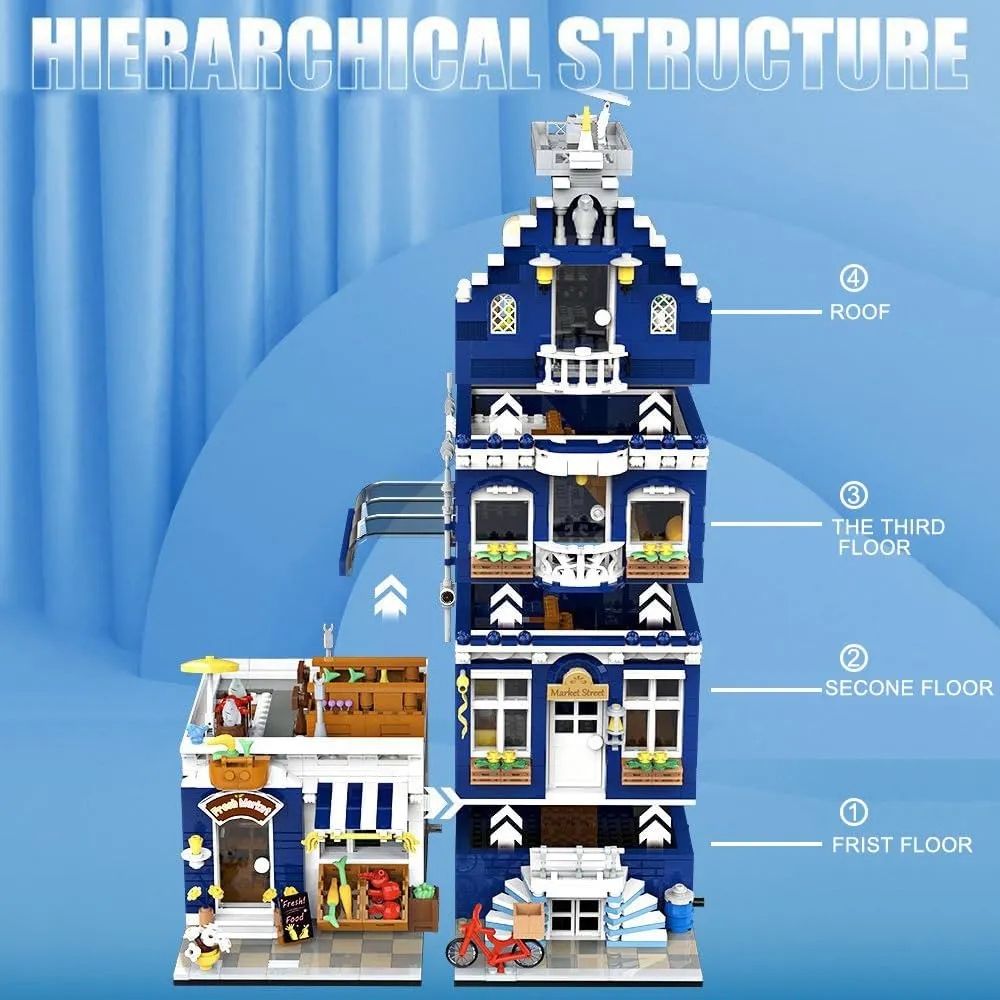 City Market Street Architecture Mini Building Blocks Set with LED Lights,3 Levels Modular Architecture,MOC Creative Model Set,Construction Toy for Adult(1456Pcs)