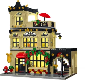 City Restaurant Architecture Building Kit with LED Lights,3 Levels City Restaurant Model Building Blocks Toy,for 12 Age Teen,Adult（1489 Pieces）
