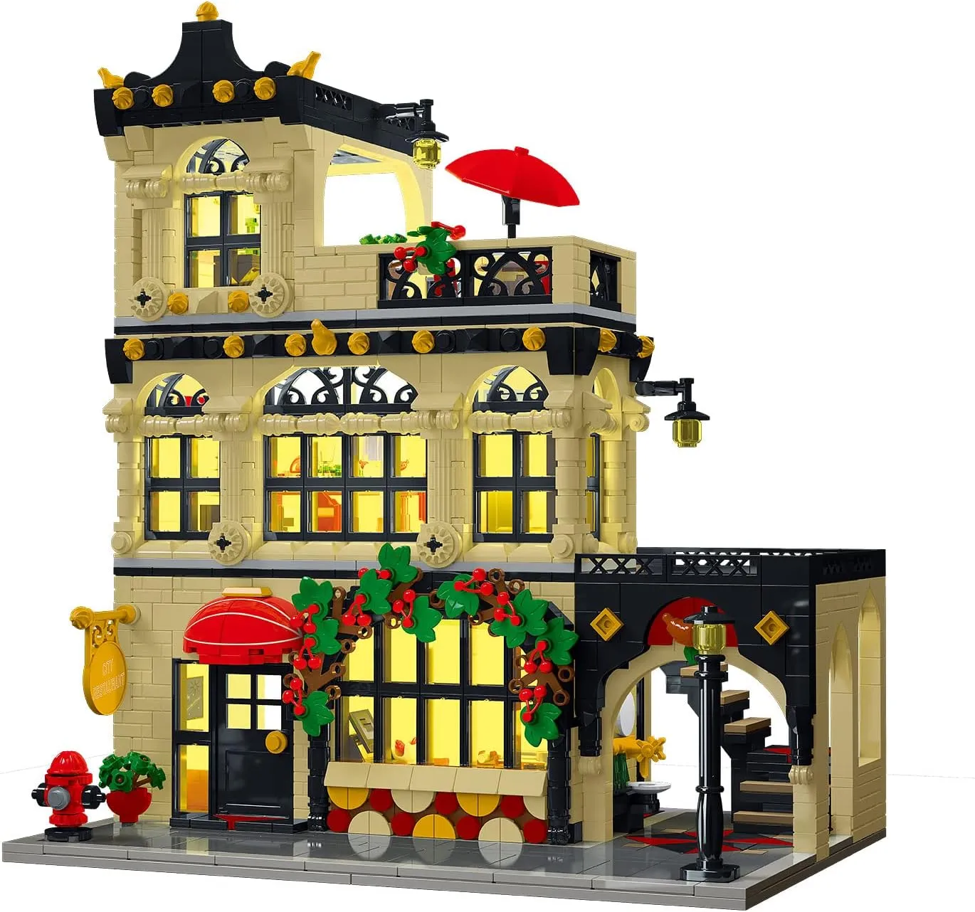 City Restaurant Architecture Building Kit with LED Lights,3 Levels City Restaurant Model Building Blocks Toy,for 12 Age Teen,Adult（1489 Pieces）