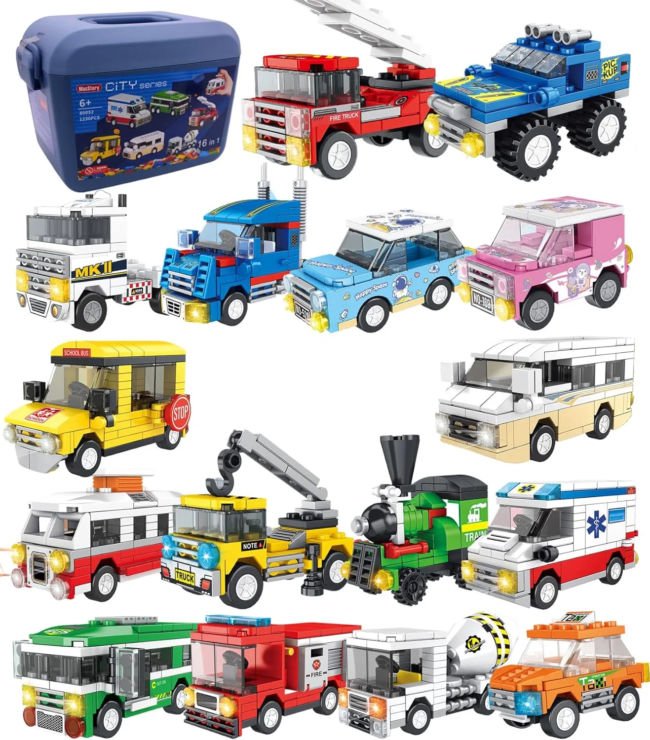 City Series 16 Packs in 1 Building Block 1230 PCS STEM Toy Fire Engine Train Towing Cart Engineering Vehicle Mini Taxi Bus School Bus Truck Business Purpose Vehicle Ambulance for Boy Girl