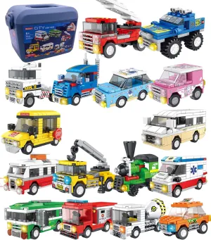 City Series 16 Packs in 1 Building Block 1230 PCS STEM Toy Fire Engine Train Towing Cart Engineering Vehicle Mini Taxi Bus School Bus Truck Business Purpose Vehicle Ambulance for Boy Girl
