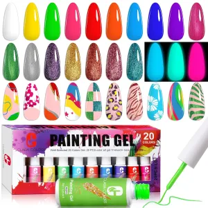 Clara Colors Gel Polish Nail Art Gel Liner Set, 20 Colors Gel Polish for Swirl French Tip Painting Designs Built Thin Nail Art Brush in Bottle Gel Soak Off UV Led Nail